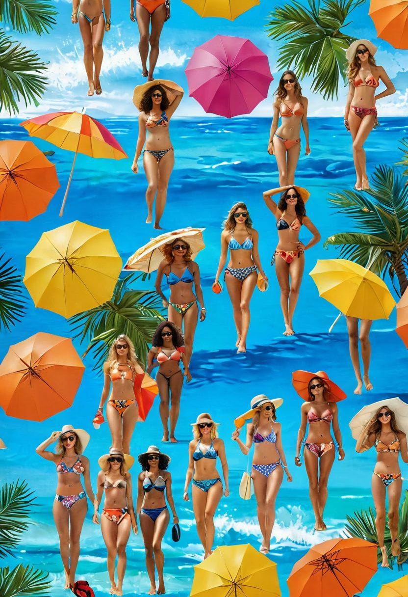 A stylish beach scene featuring diverse models in various colorful bikinis, showcasing different styles and patterns. Include a backdrop of vibrant beach umbrellas, palm trees, and sun loungers, with bright sunshine reflecting off the ocean waves. Add playful beach accessories like sunglasses and hats to enhance the fashion vibes. super-realistic. vibrant colors. bright background.